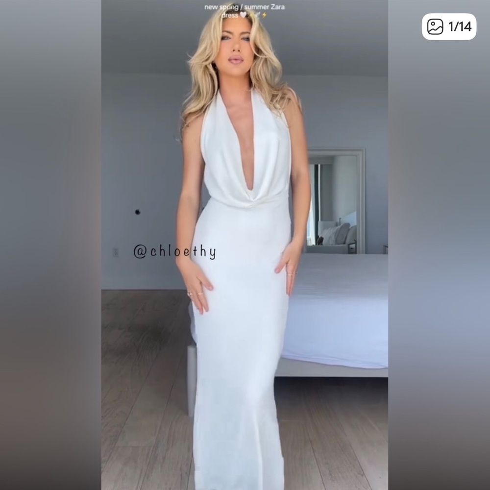 Zara White Strapless Draped Halter Gown